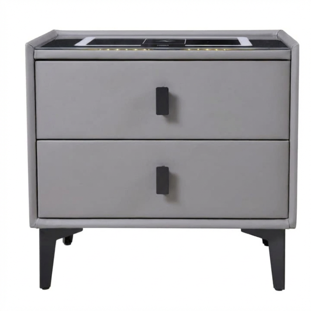 Noptiera Inteligenta Multifunctionala 50x40x45 cm | 2 Sertare | LED 3 Culori | Incarcare Wireless + USB | Difuzor Bluetooth | Gri Deschis