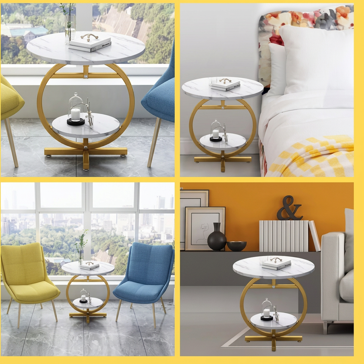 Masuta de Cafea Rotunda cu 2 Nivele | Blat Alb Aspect Marmura | Etajera Inferioara