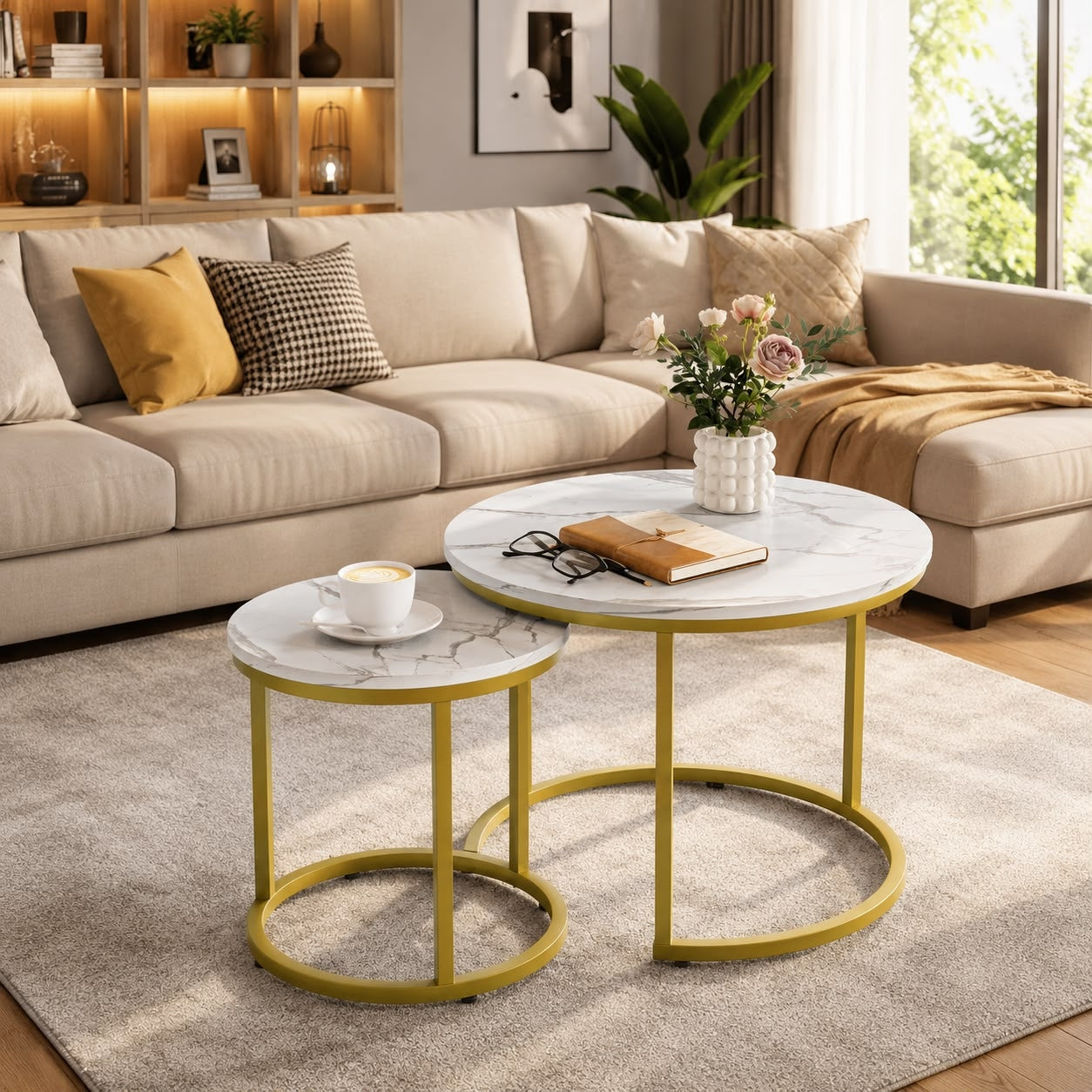 Set 2 Masute de Cafea Rotunde cu Blat MDF Aspect Marmura | Cadru Metalic Bronz Mat | 70x45 cm si 50x38 cm