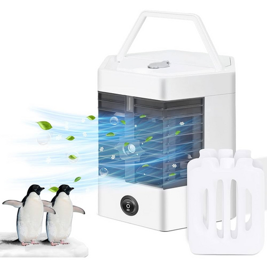 Mini Racitor Aer Portabil 3in1 | Racire Evaporativa | LED 7 Culori | 3 Viteze | USB 5V | 4 Ore Rezervor | 17x14x15cm | Alb