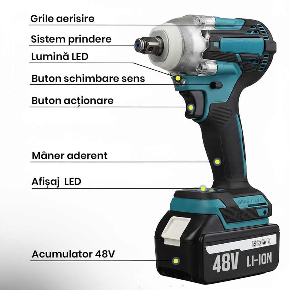 Cheie De Impact WERSTIL | Masina De Insurubat 550Nm | 43 Accesorii Incluse | 2 Acumulatori 48V Li-Ion | Valiza Transport