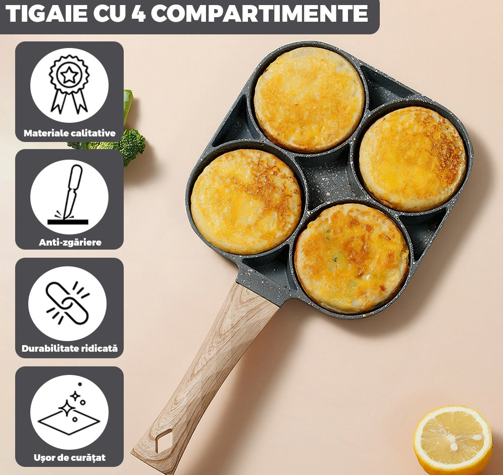 Tigaie Antiaderenta Cu 4 Compartimente | Maner Lemn | Compatibila Cu Inductie Si Aragaz