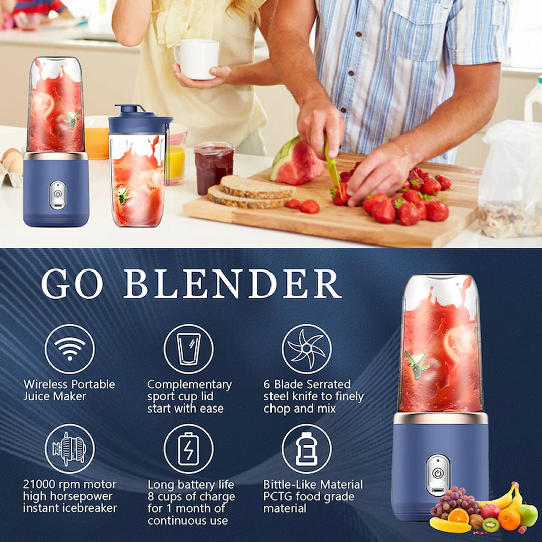 Mini Blender Portabil USB 6 Lame Inox | 400 Ml | 21000 RPM | 2 Pahare ABS | Baterie 12000 mAh