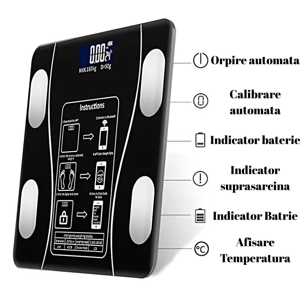 Cantar Corporal Smart | Ecran Digital Iluminat | Bluetooth Android iOS | Analiza Corporala Completa | 180 Kg Max