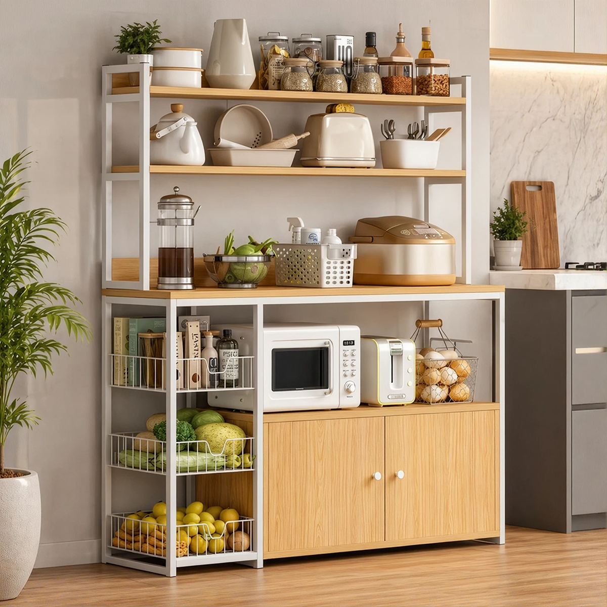 Etajera Multifunctionala pentru Bucatarie | 3 Rafturi, 3 Cosuri Laterale si Dulap | Metal | 120x30x146 cm