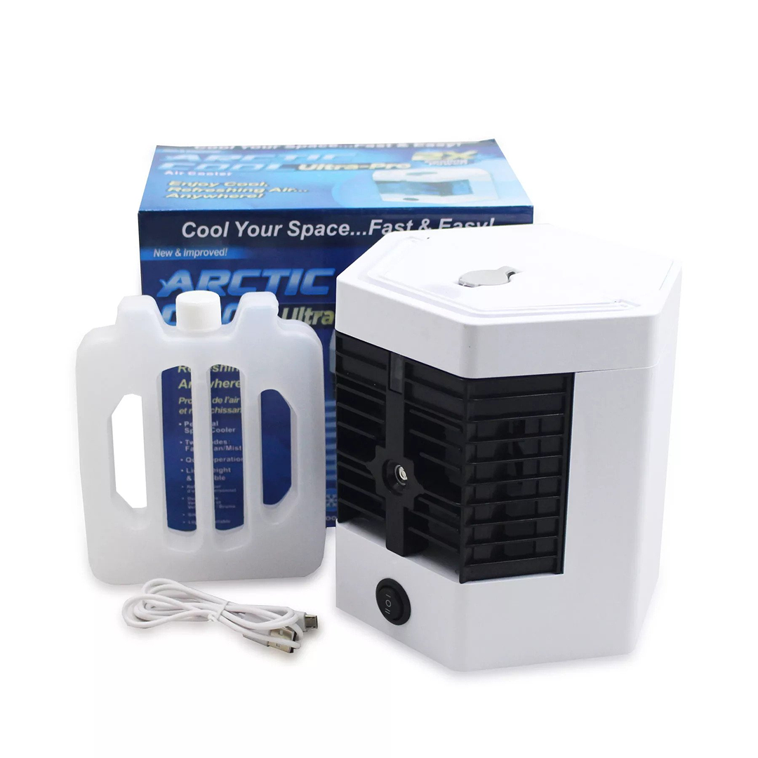 Mini Racitor Aer Portabil 3in1 | Racire Evaporativa | LED 7 Culori | 3 Viteze | USB 5V | 4 Ore Rezervor | 17x14x15cm | Alb