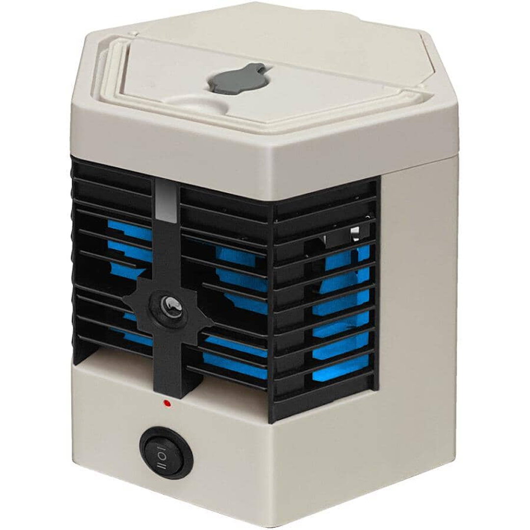 Mini Racitor Aer Portabil 3in1 | Racire Evaporativa | LED 7 Culori | 3 Viteze | USB 5V | 4 Ore Rezervor | 17x14x15cm | Alb