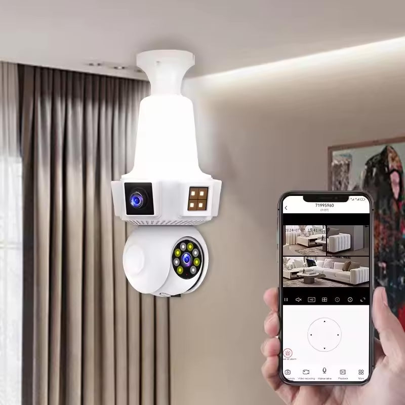 Cameră de Supraveghere WiFi tip Bec E27 cu 3 Obiective, Rotativă, și Card 32 GB Cadou