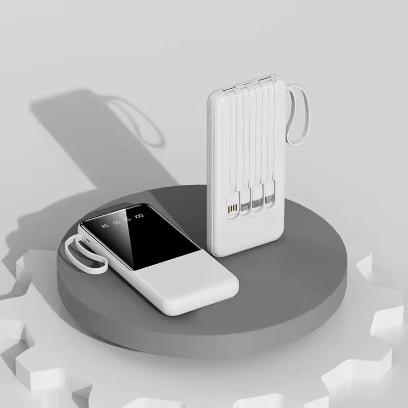 Baterie externă 6000mAh cu 4 cabluri integrate USB, micro USB, USB Type-C și iPhone.