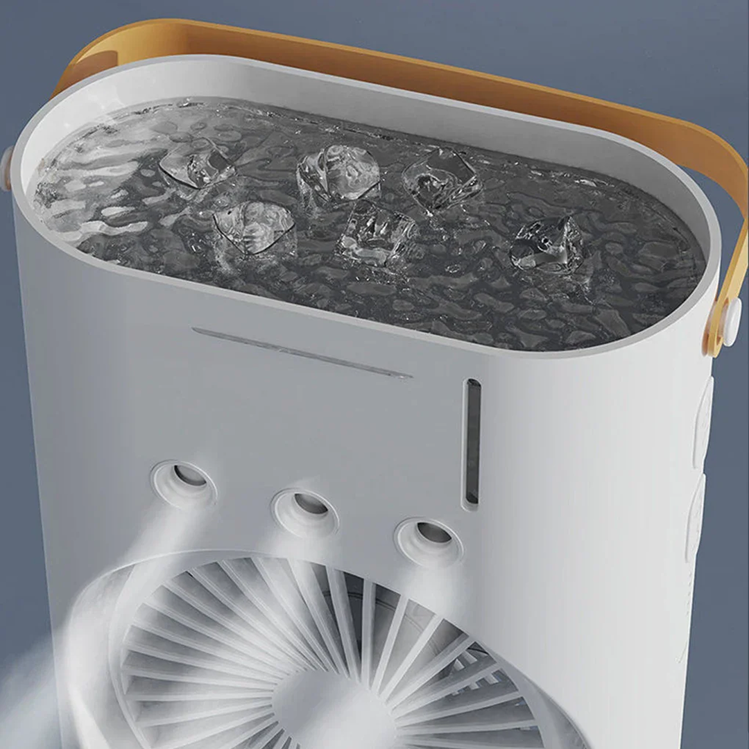 Ventilator Birou Portabil cu Umidificare prin Pulverizare | 2 Capete Oscilante | 3 Viteze | Telecomanda | 3000mAh 36W | 37x9x16.5cm