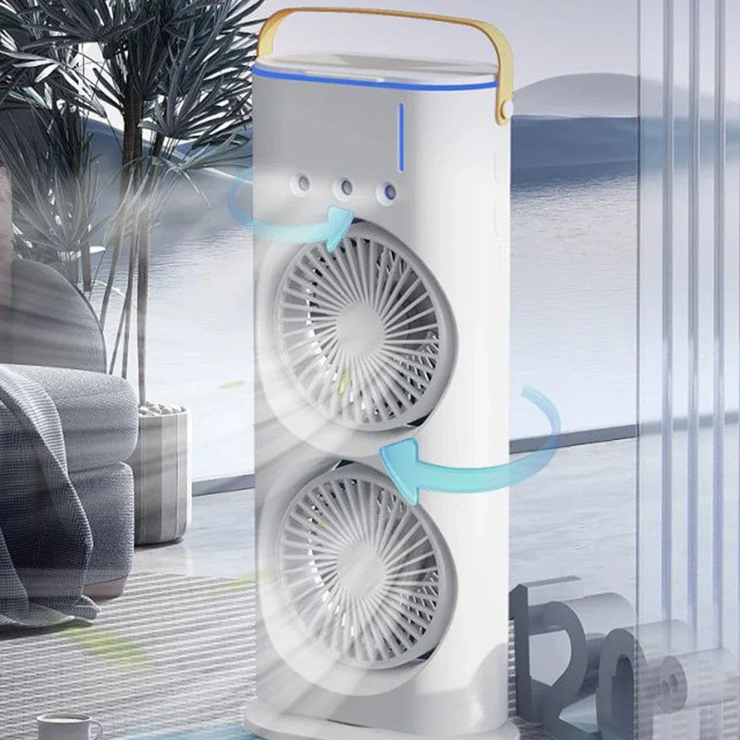 Ventilator Birou Portabil cu Umidificare prin Pulverizare | 2 Capete Oscilante | 3 Viteze | Telecomanda | 3000mAh 36W | 37x9x16.5cm