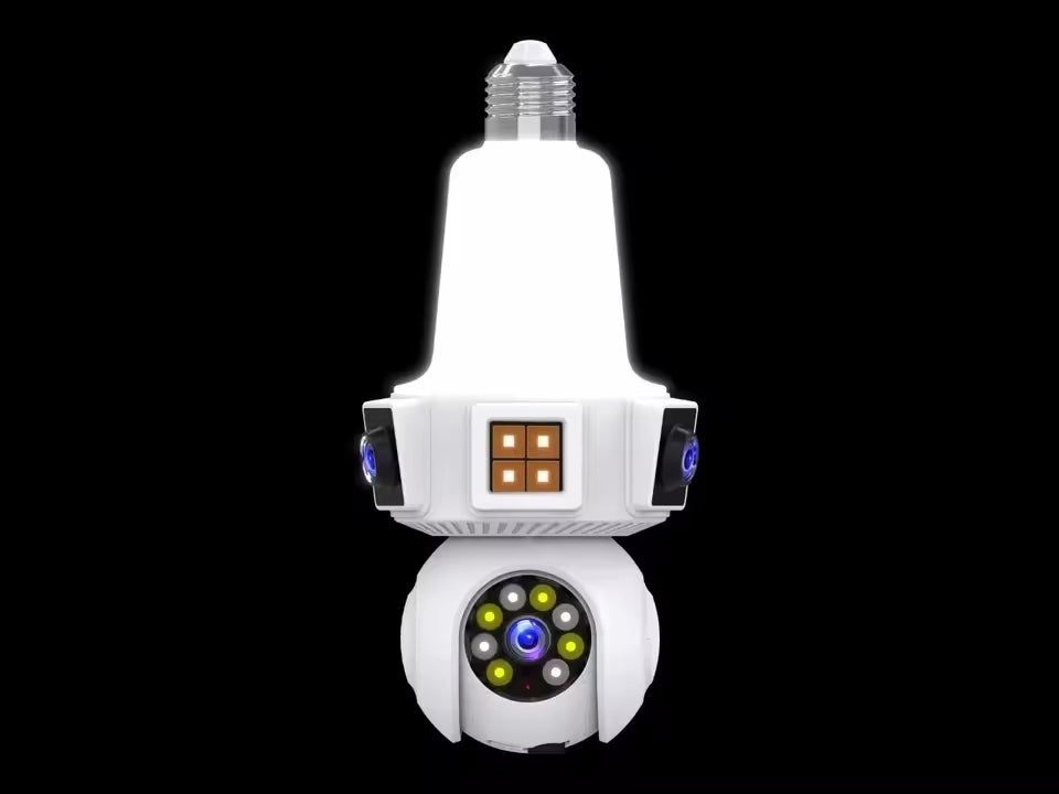 Cameră de Supraveghere WiFi tip Bec E27 cu 3 Obiective, Rotativă, și Card 32 GB Cadou