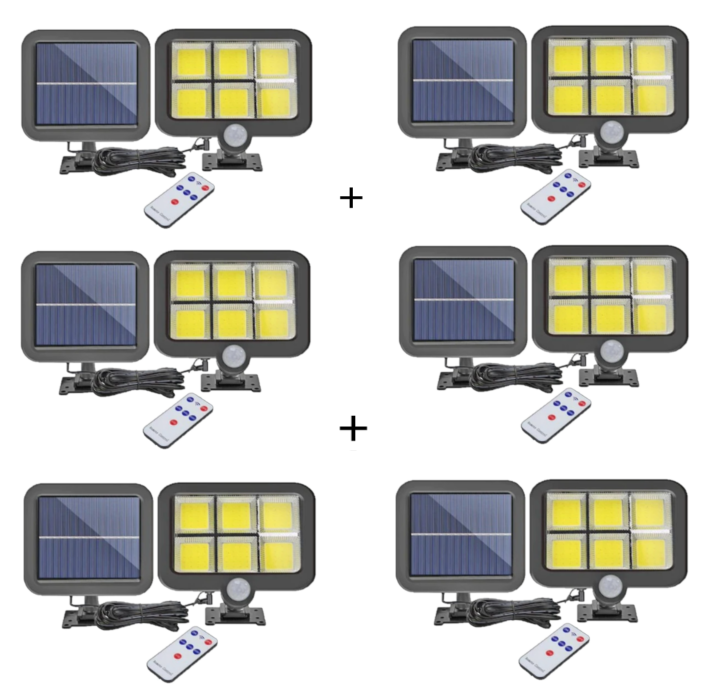 Set 6 Proiectoare Solare 6 COB cu Senzor de Mișcare, Panou Separat și Telecomandă