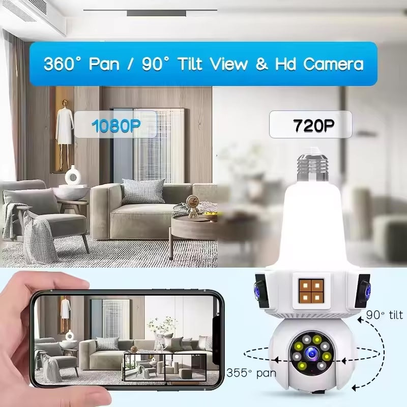 Cameră de Supraveghere WiFi tip Bec E27 cu 3 Obiective, Rotativă, și Card 32 GB Cadou