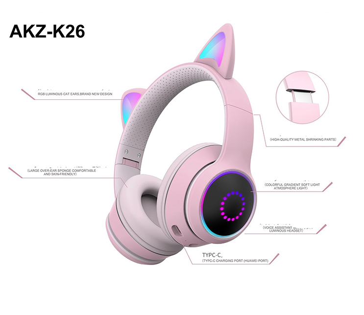 Căști Wireless pentru Copii cu Urechi de Pisică Luminoase, Bluetooth și Card SD
