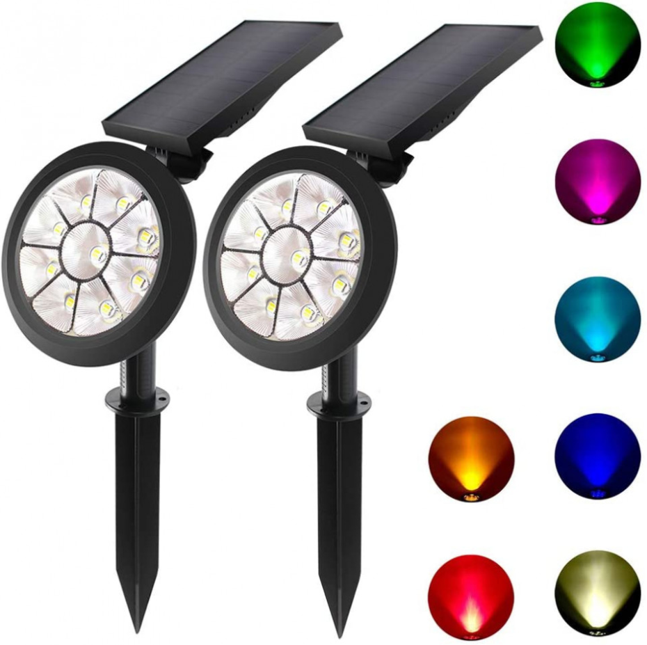Set 2 Spoturi Solare de Grădină cu 9 LED, Lumină Albă sau 7 Culori, IP65, Montaj în Pământ