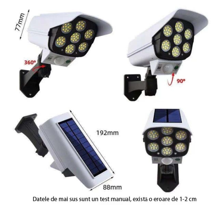 Set 4 Proiectoare Solare cu Aspect de Cameră de Supraveghere, 77 LED și Senzor de Mișcare