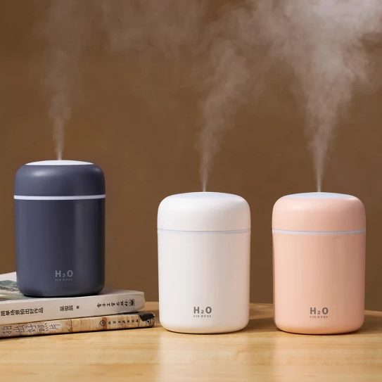 PROMO - Umidificator si Difuzor Aromaterapie cu ultrasunete, capacitate 300ML, LED 7 culori + Set 12 uleiuri esential, 3 ml, de fructe si flori, parfum Purificator si Umidificator si SPA