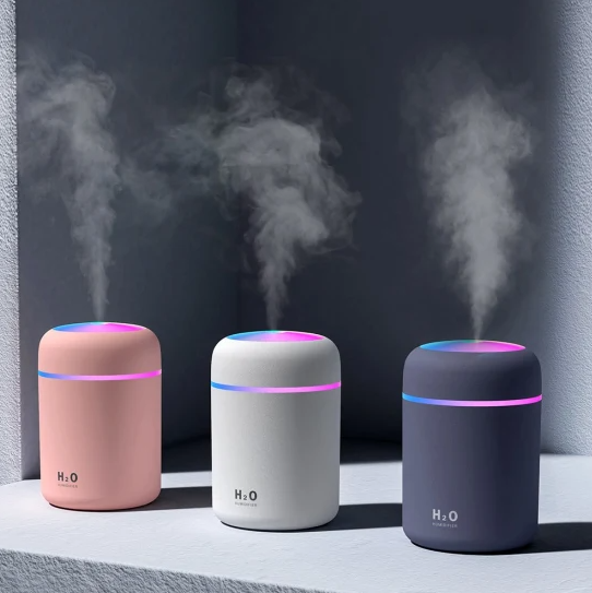 PROMO - Umidificator si Difuzor Aromaterapie cu ultrasunete, capacitate 300ML, LED 7 culori + Set 12 uleiuri esential, 3 ml, de fructe si flori, parfum Purificator si Umidificator si SPA