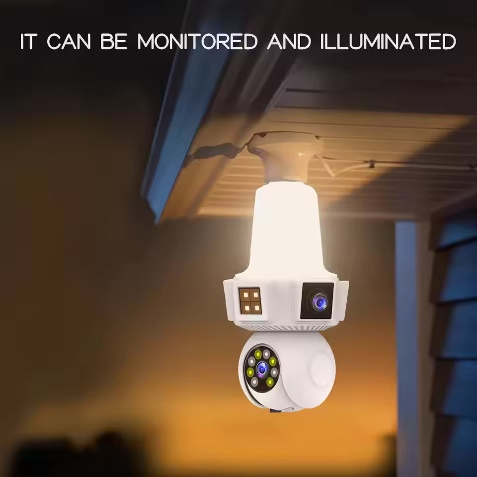 Cameră de Supraveghere WiFi tip Bec E27 cu 3 Obiective, Rotativă, și Card 32 GB Cadou