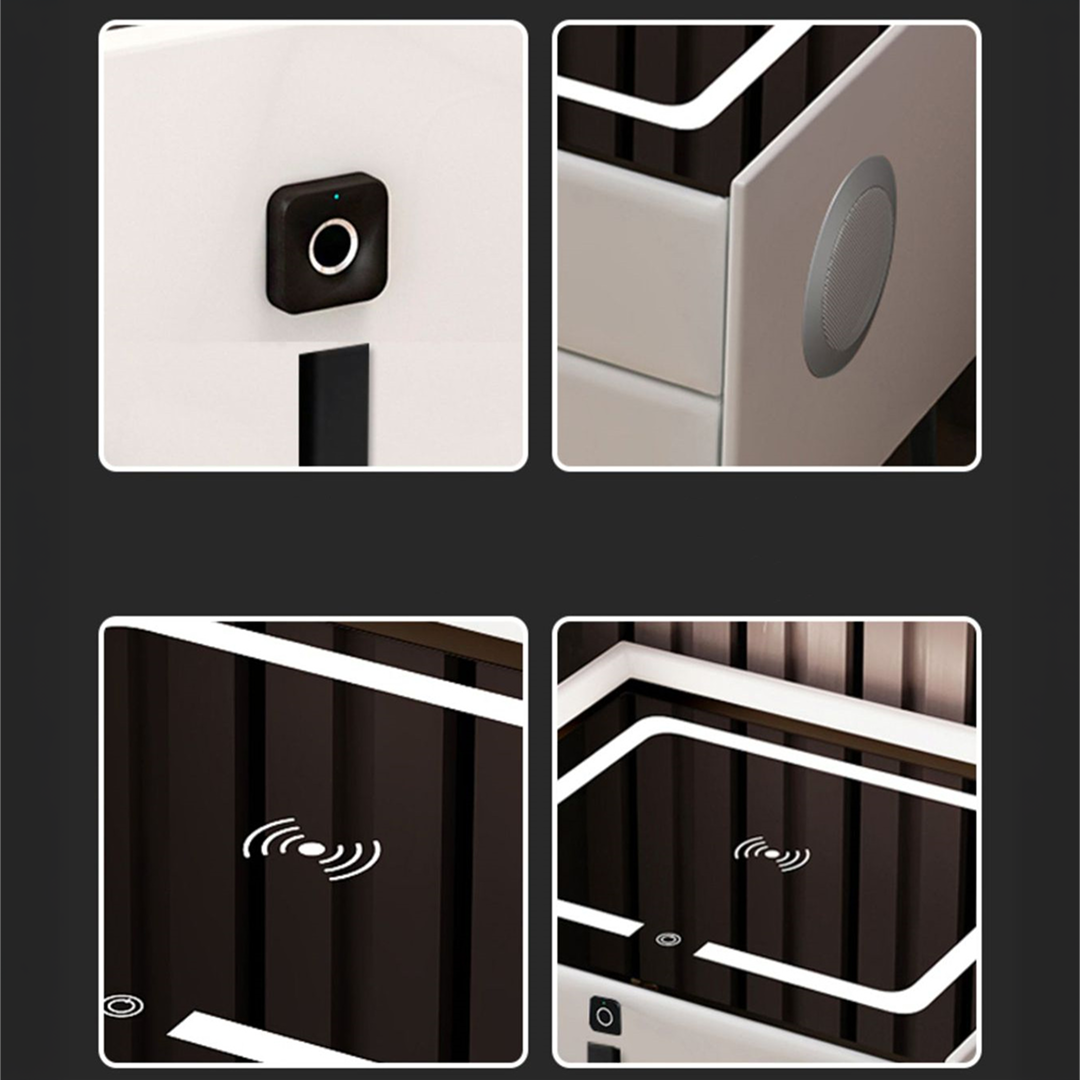 Noptiera Inteligenta Multifunctionala 50x40x45 cm | 2 Sertare | LED 3 Culori | Incarcare Wireless + USB | Difuzor Bluetooth | Gri Deschis