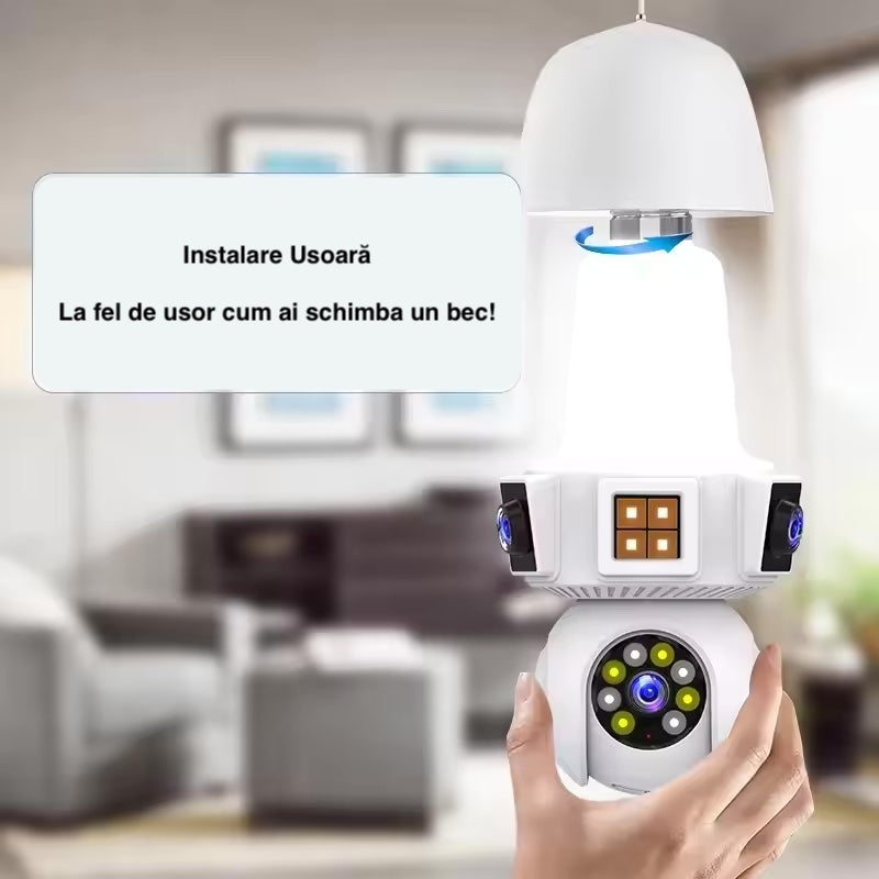 Cameră de Supraveghere WiFi tip Bec E27 cu 3 Obiective, Rotativă, și Card 32 GB Cadou
