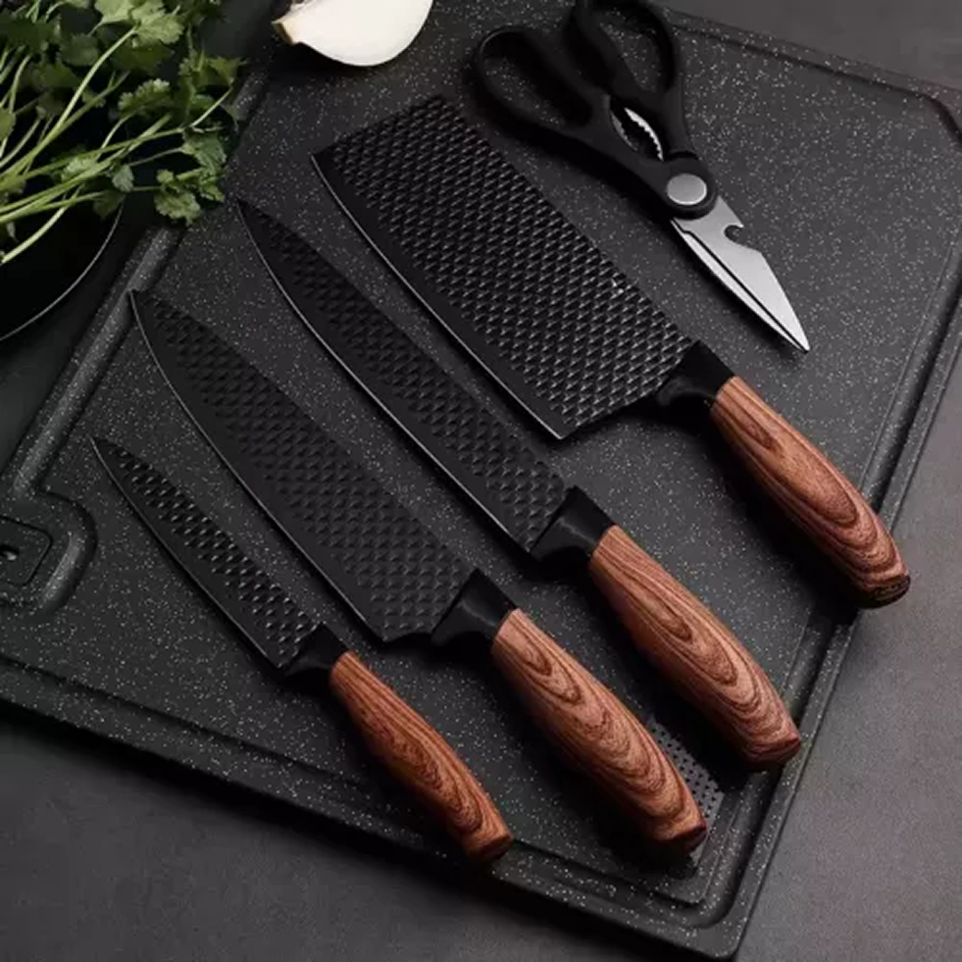 Set 6 Piese Cutite de Bucatarie | 4 Cutite Inox + Foarfeca + Decojitor Ceramic | Manere Ergonomice