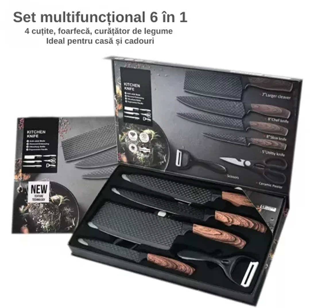 Set 6 Piese Cutite de Bucatarie | 4 Cutite Inox + Foarfeca + Decojitor Ceramic | Manere Ergonomice