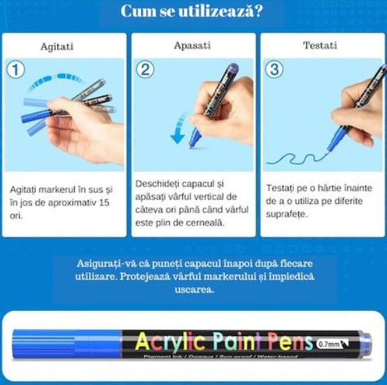 Set de 12 Markere cu vopsea Acrilica foarte pigmentata, cu varf rotund de 4mm , pentru Hartie, Piatra, Lemn, Ceramica, Sticla, Non-toxic