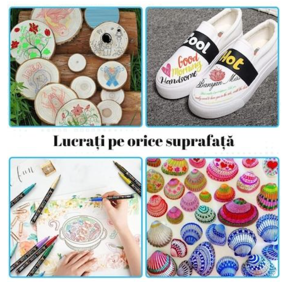 Set de 12 Markere cu vopsea Acrilica foarte pigmentata, cu varf rotund de 4mm , pentru Hartie, Piatra, Lemn, Ceramica, Sticla, Non-toxic