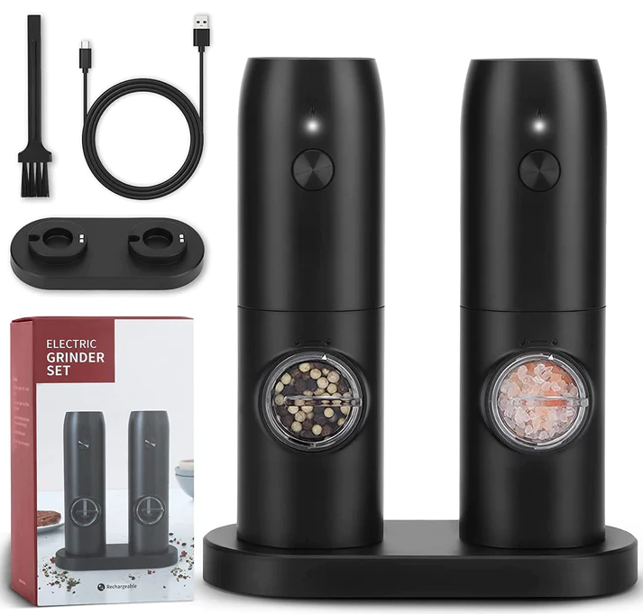Set 2 Râșnițe Electrice pentru Sare și Piper, Mecanism Ceramic, Încărcare USB, Cutie Cadou