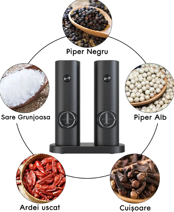 Set 2 Râșnițe Electrice pentru Sare și Piper, Mecanism Ceramic, Încărcare USB, Cutie Cadou