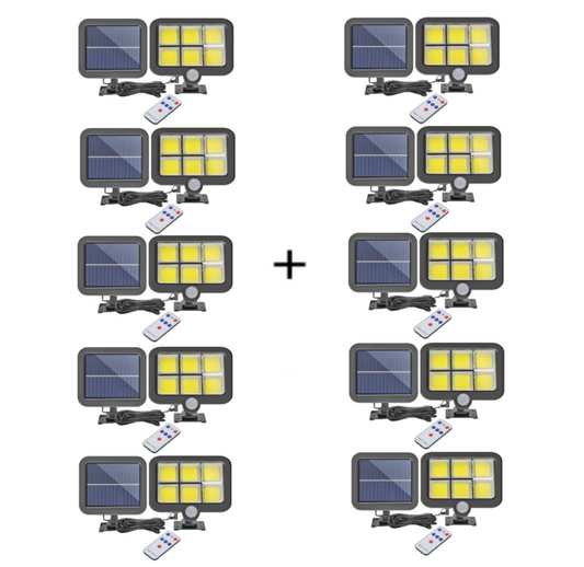 Set 10 lampi cu panou solar, 6 COB , putere 250 W,  cu senzor de miscare, suport si telecomanda
