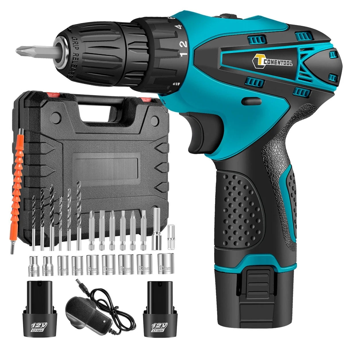Mașină de Găurit și Înșurubat 12V cu 2 Acumulatori, 24 de Accesorii și Valiză