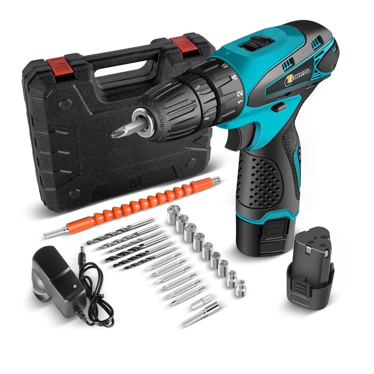 Mașină de Găurit și Înșurubat 12V cu 2 Acumulatori, 24 de Accesorii și Valiză