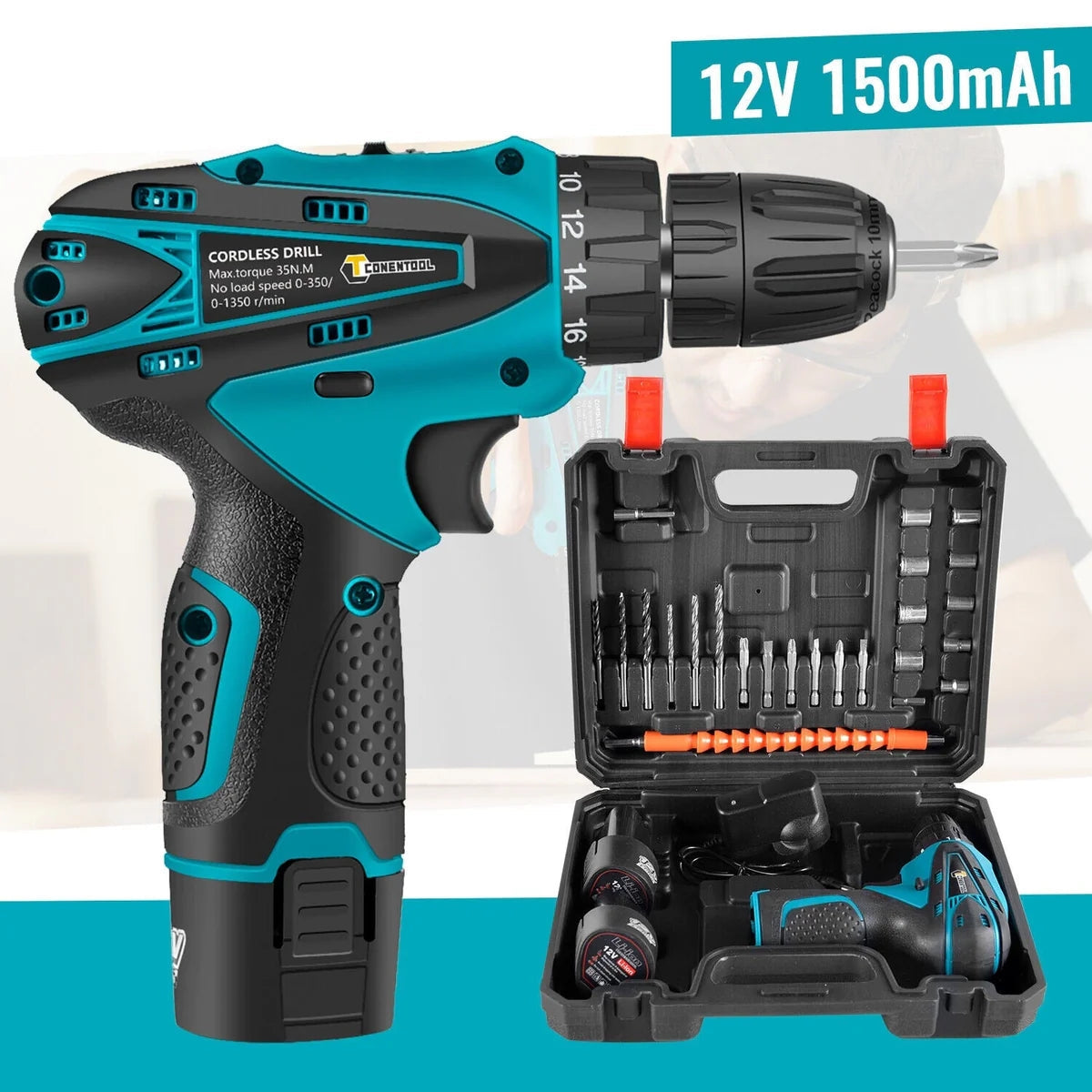 Mașină de Găurit și Înșurubat 12V cu 2 Acumulatori, 24 de Accesorii și Valiză