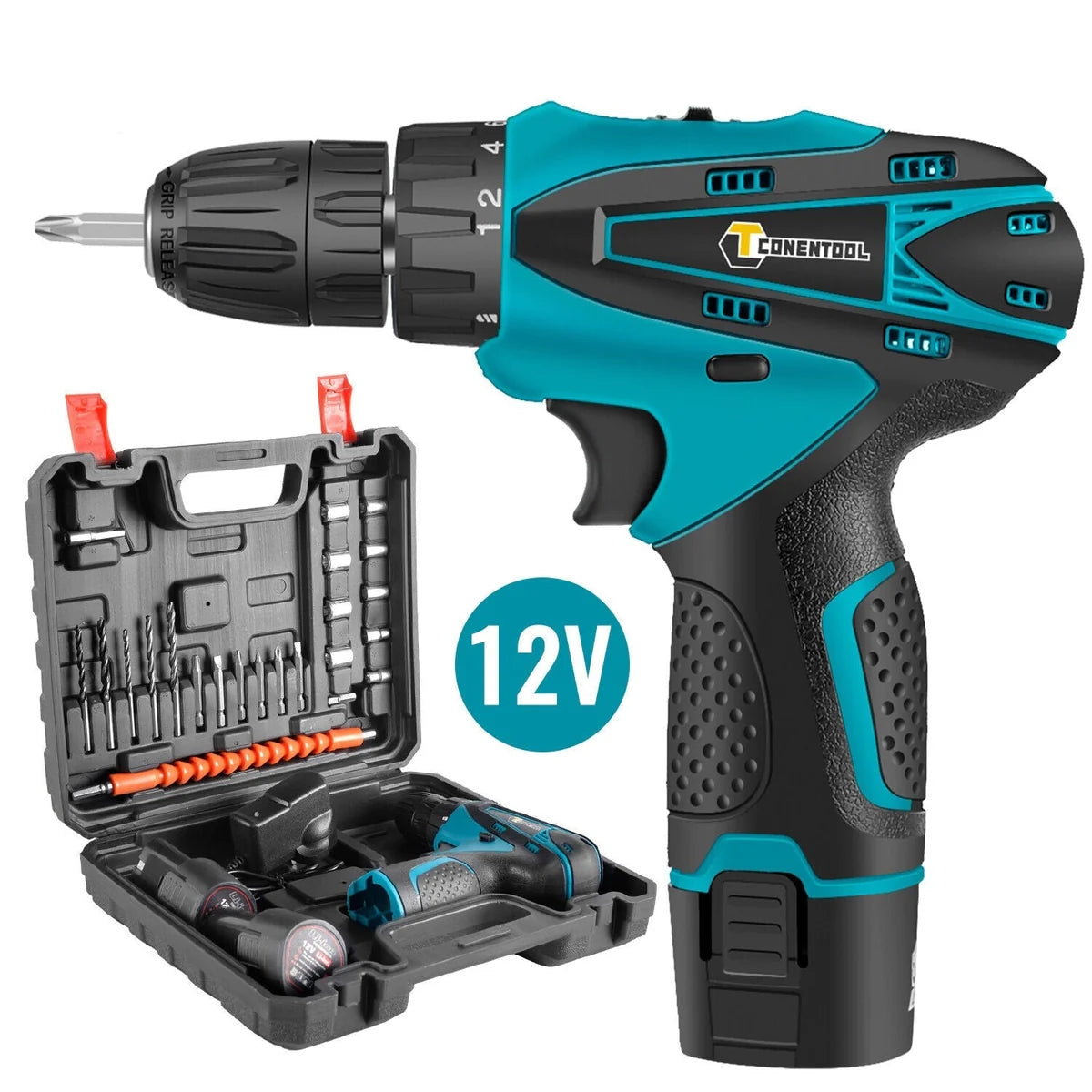 Mașină de Găurit și Înșurubat 12V cu 2 Acumulatori, 24 de Accesorii și Valiză