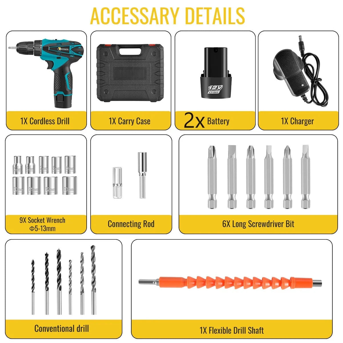 Mașină de Găurit și Înșurubat 12V cu 2 Acumulatori, 24 de Accesorii și Valiză