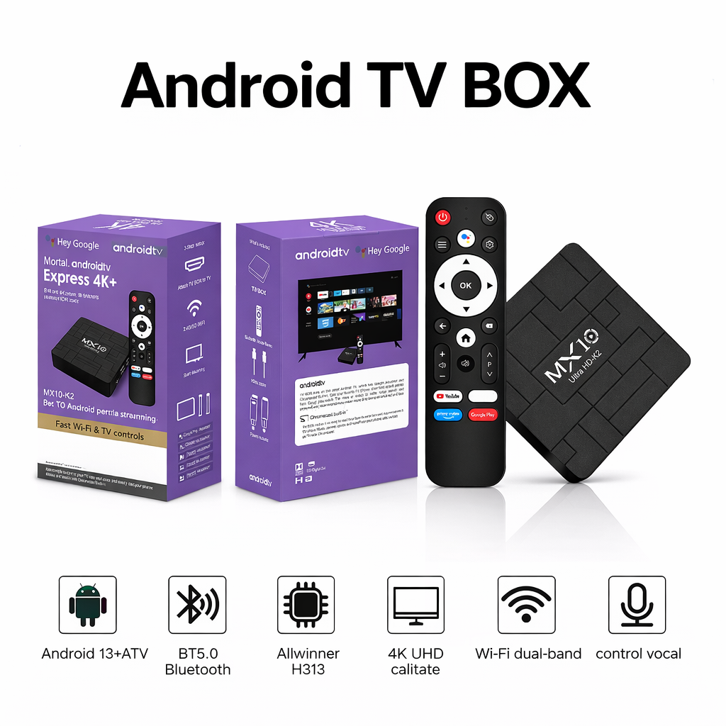 Android TV Box MX10 K2 | Android 13 | 4K | WiFi Dual Band | Telecomanda Vocala | Quad Core | 1.5GB RAM 8GB ROM