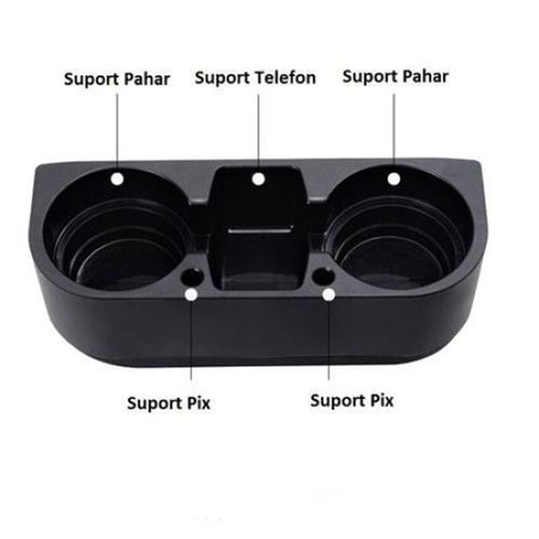 1+1 PROMO Suport Pahare Auto Cu Organizator | 2 Suporturi + Slot Telefon | Anti-Cadere Intre Scaune | Instalare Rapida | Plastic Rezistent