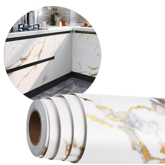 Tapet Autoadeziv 3D Tip Marmura | 300x60 cm | Waterproof | Adeziv Puternic | Alb Cu Auriu