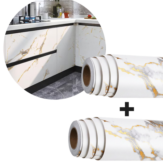 1+1 PROMO Tapet Autoadeziv 3D Tip Marmura | 300x60 cm | Waterproof | Adeziv Puternic | Alb Cu Auriu