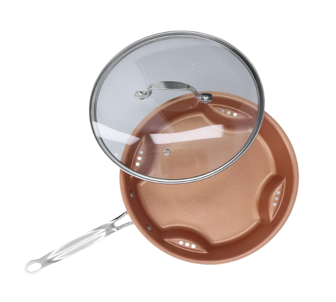 Tigaie Ceramică AirFry 28 cm cu Orificii de Aerisire, Capac de Sticlă și Mâner Metalic