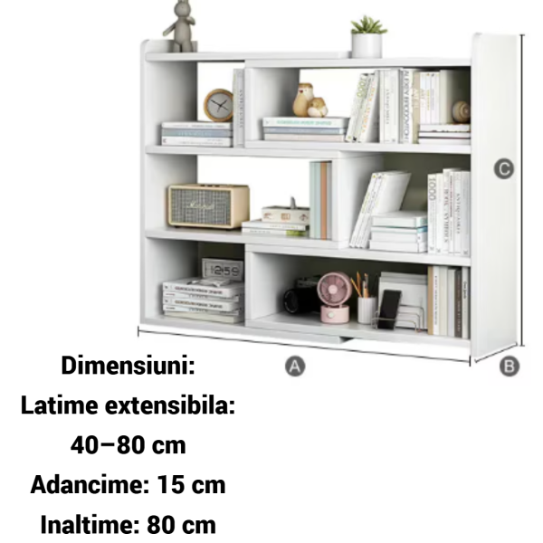 Bibliotecă Extensibilă și Rotativă cu 6 Compartimente, 40–80 cm, pentru Colț sau Perete, Albă