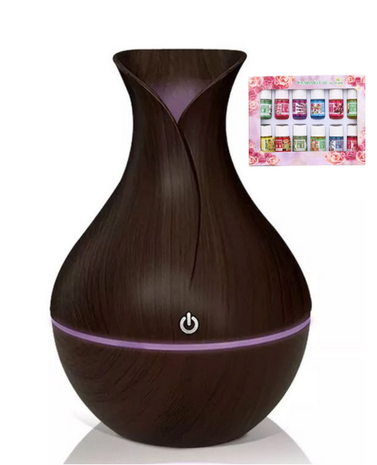 Set Aromaterapie Premium – Umidificator & Difuzor 300 ml cu 7 Lumini Ambientale + 12 Uleiuri Esențiale Naturale