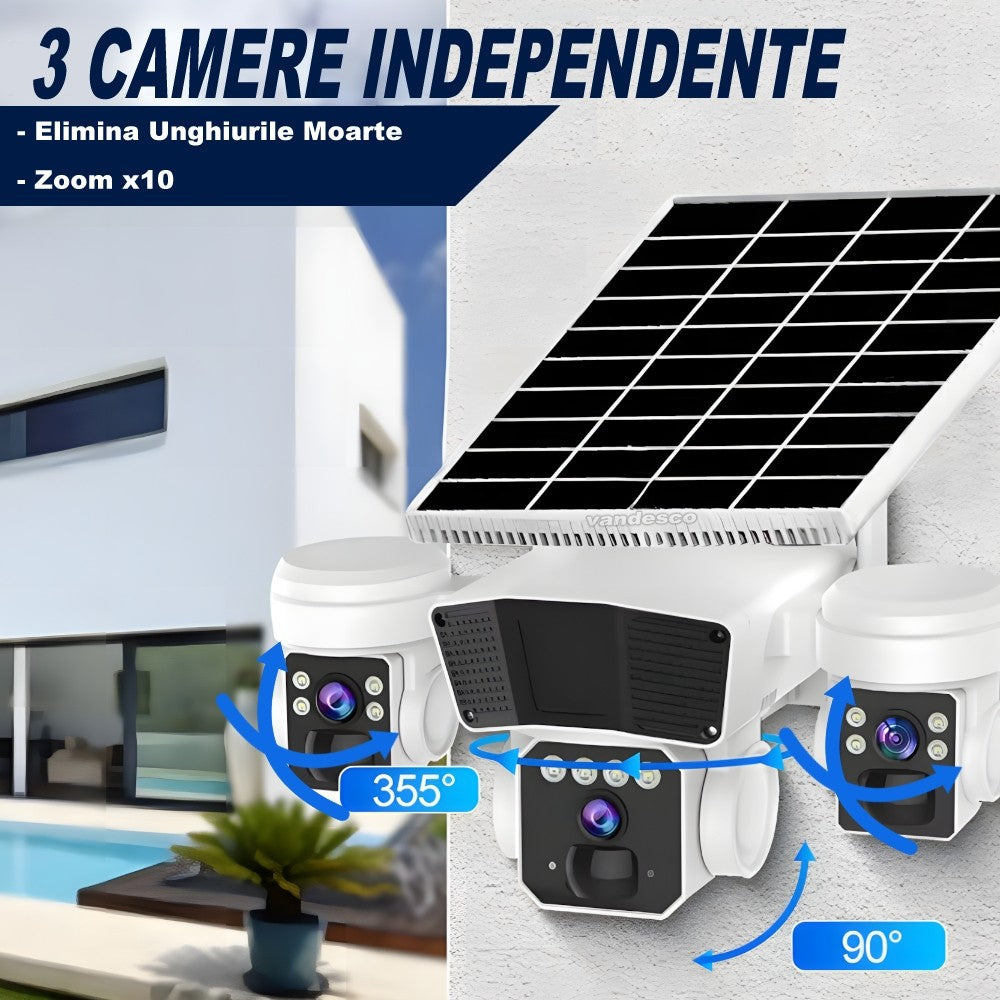 Camera Supraveghere, 3 Lentile, cu Panou Solar, Conexiune 4G, Rotatie 360°, Zoom 10x, Card Memorie Cadou