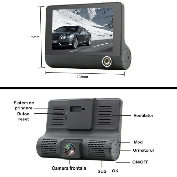Cameră Auto Dublă Față + Interior, Full HD 1080p, Ecran Tactil 4 inch, Unghi 170°