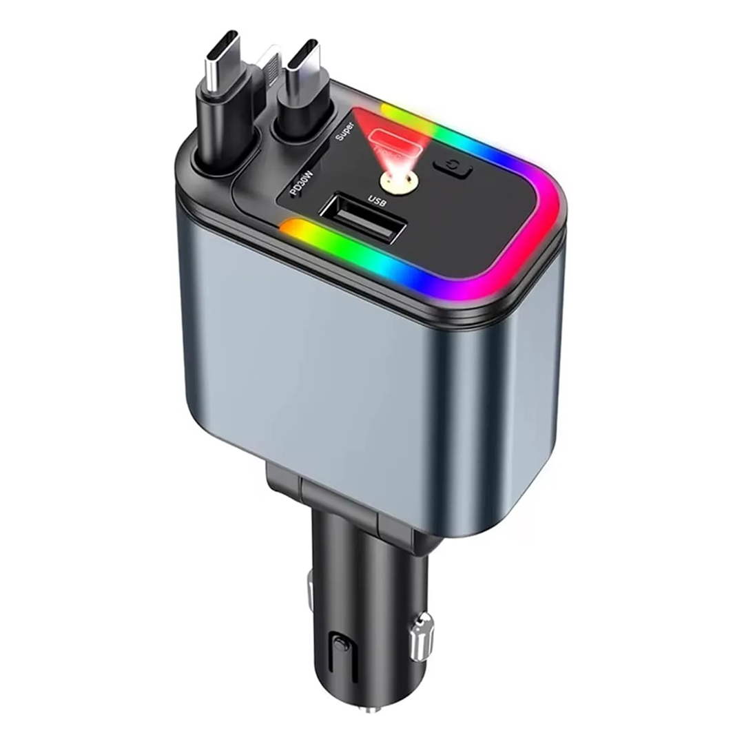 Incarcator Auto 4 in 1 120W | USB-C Fast Charging | Cablu Lightning + USB-C + Micro USB | LED Ambient | Rotire 180°