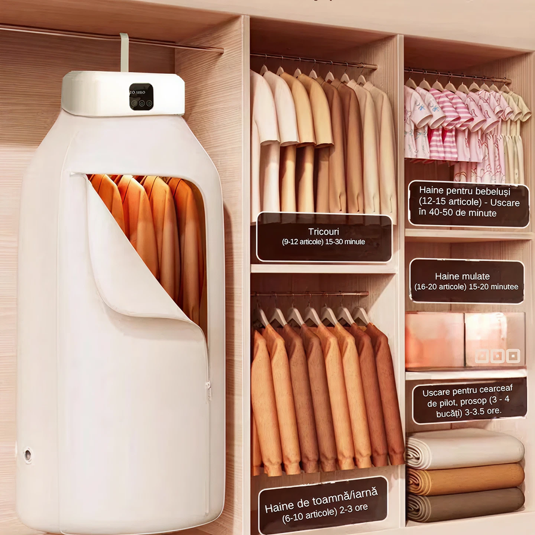 Uscator Electric Portabil 600W | Temporizare 1-8 Ore | Sterilizare UV | Capacitate 10 Kg | Aer Cald 360°