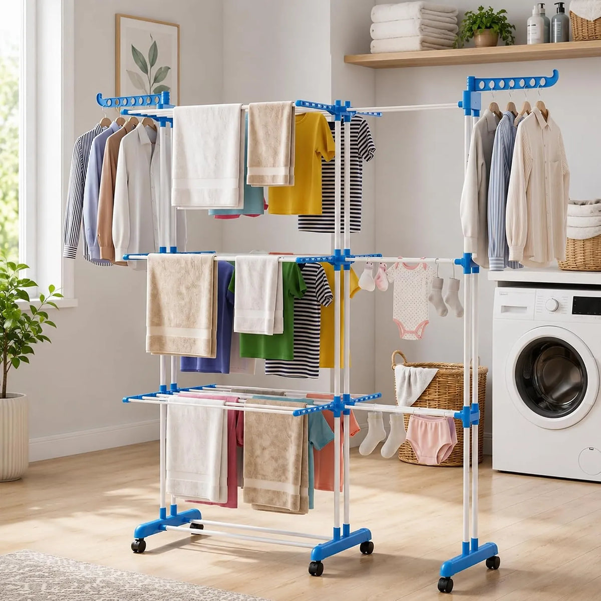 Uscător Rufe Vertical Dublu Pliabil, Anti-Rugină, 170 cm, Albastru